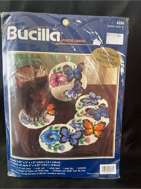 New Bucilla Butterfly Coasters & Holder Needlepoint Kit Plastic Canvas